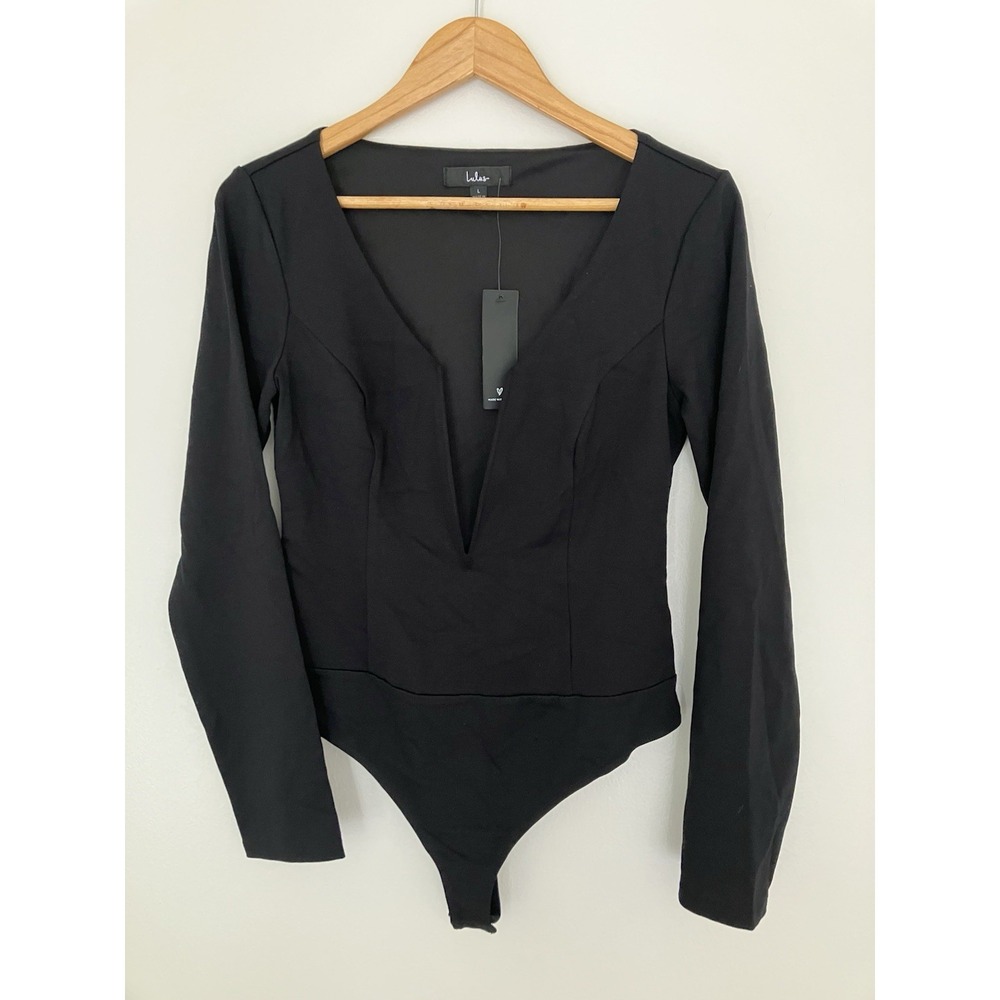 NWT Lulus Never Ending Allure Black Long Sleeve Plunge Bodysuit Sz L